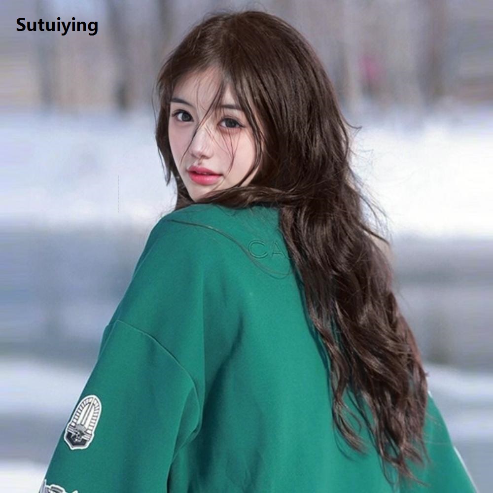 Sutuiying Big Wave Synthetic Wig Women's Long Curly Hair High Temperature Silk Chemical Fiber Top French Air Bangs Full Head Condom