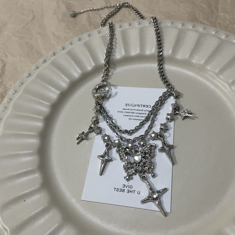 【Mega Cool Fashion Moon Star Diamond Butterfly Necklace Women's New Fashionable Mang Star Tassel Clavicle Chain