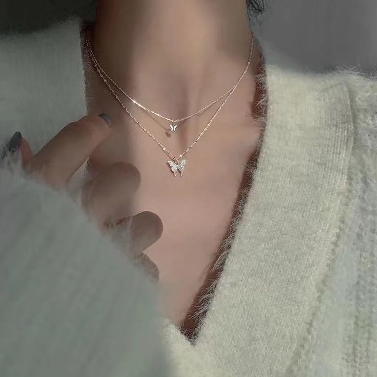 1 Pcs Cute & Elegant Butterfly Double Layer & Single Layered Necklace In Gold & Silver Color With Pretty & Tiny Inlaid Shiny Diamonds - Cute 3 Types Of Butterfly Necklace For Women, Girls & Teens (Best Gift Ever)