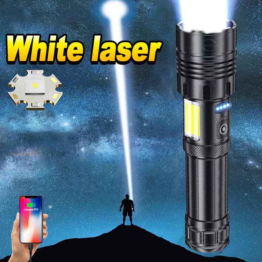 【2025 Version】 Super Powerful LED Flashlight White Laser XHP70 Rechargeable Torch High Power Flashlights COB Light Tactical Waterproof Lantern