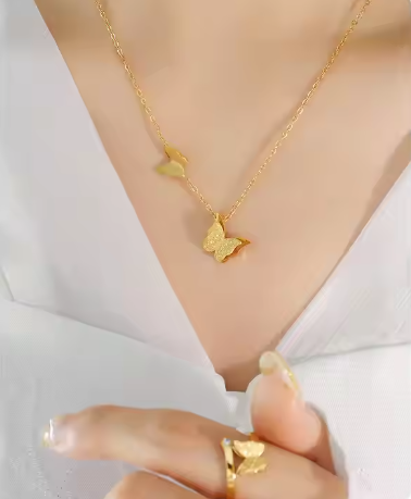 1 Set/ 2 Pieces Luxurious Gold-Plated Butterfly Ring and Necklace Combo Set for Women, Featuring a Delicate Stainless Design.