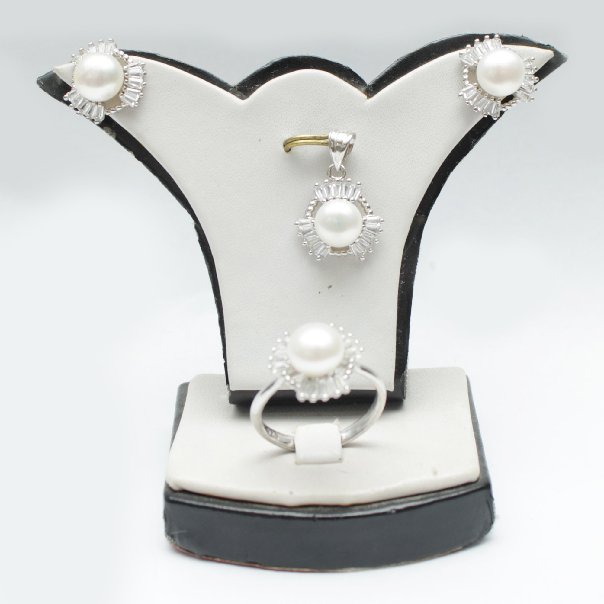 Multi Stone White Silver Set Earring,Ring & Pendant (Rodium Plated) For Women