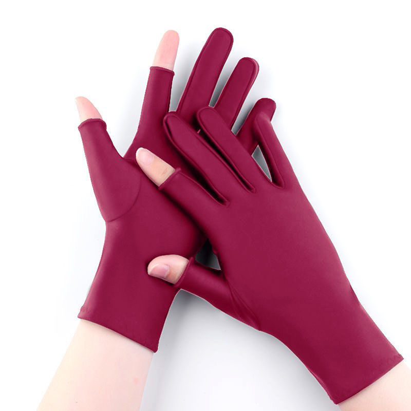 Leaky two-finger gloves 2022 new spring and summer elastic thin spandex solid color women's sunscreen gloves driving anti-wear