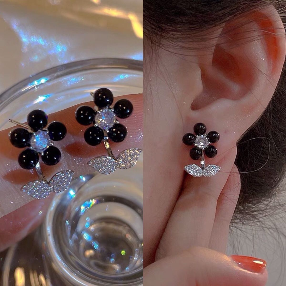 quality】Sweet cool wind zircon floral earrings female simple high sense earrings female fresh sweet new product