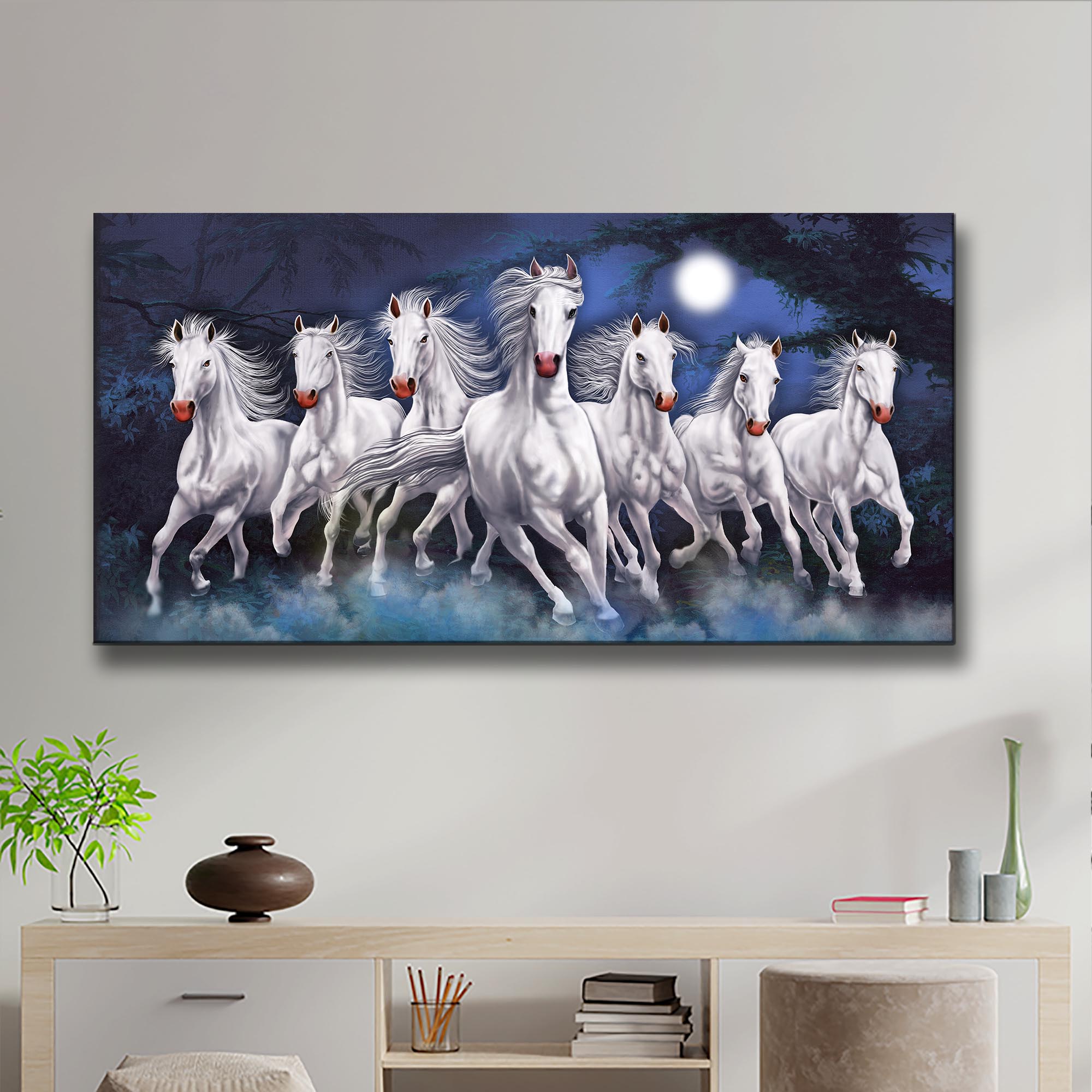 Single Panel Seven White Horse Painting on Bluish Dark Background on Full moon Night Matte Canvas Cotton Print | 24X48 inch