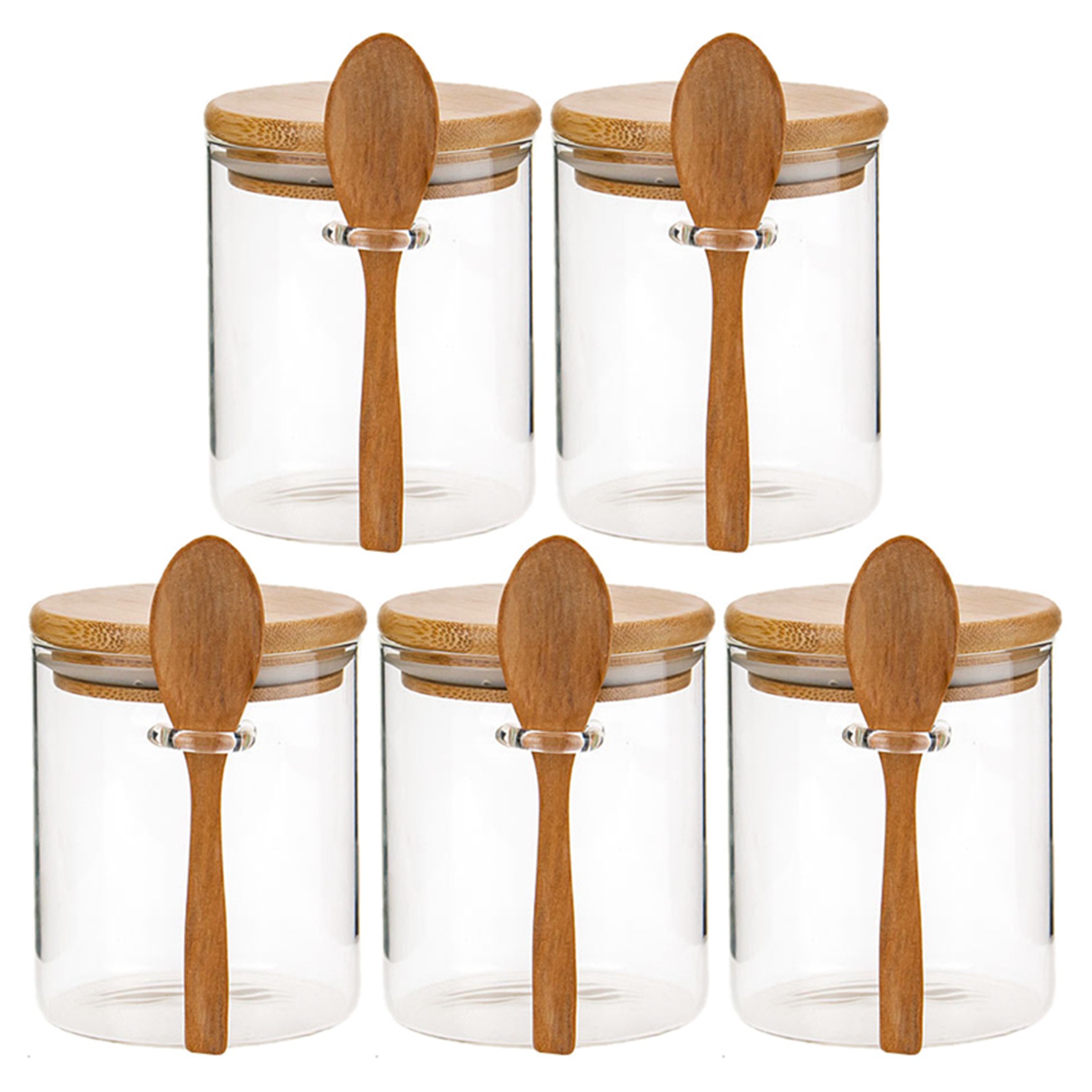 5X Glass Food Airtight Canister Castor Lid Candy Storage Tank Jar Bamboo Food Container with Wooden Spoon