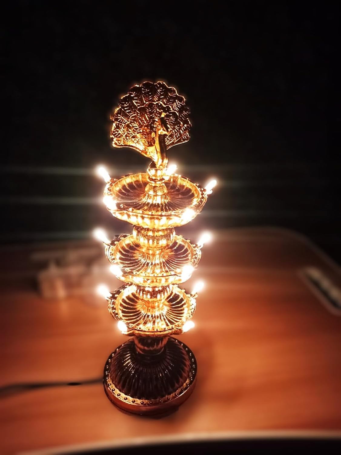 10 Deep Peacock 2 Layer Electric Diya Light for Pooja, LED Rice Light for Mandir, Home, Temple Decor - Diwali, Dussehra Festive (Peacock, 10 Deep