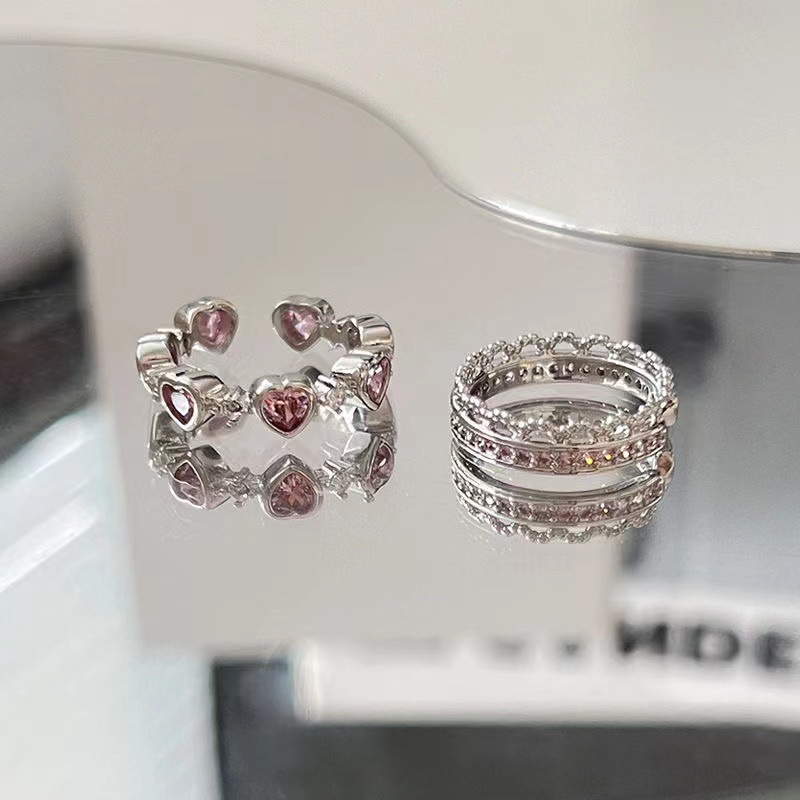 【Special offer】Sweet Cool Pink Diamond Love Ring Female Niche Design High-grade Sense Ring Fashion Personalized Food Finger Ring Opening Adjustable