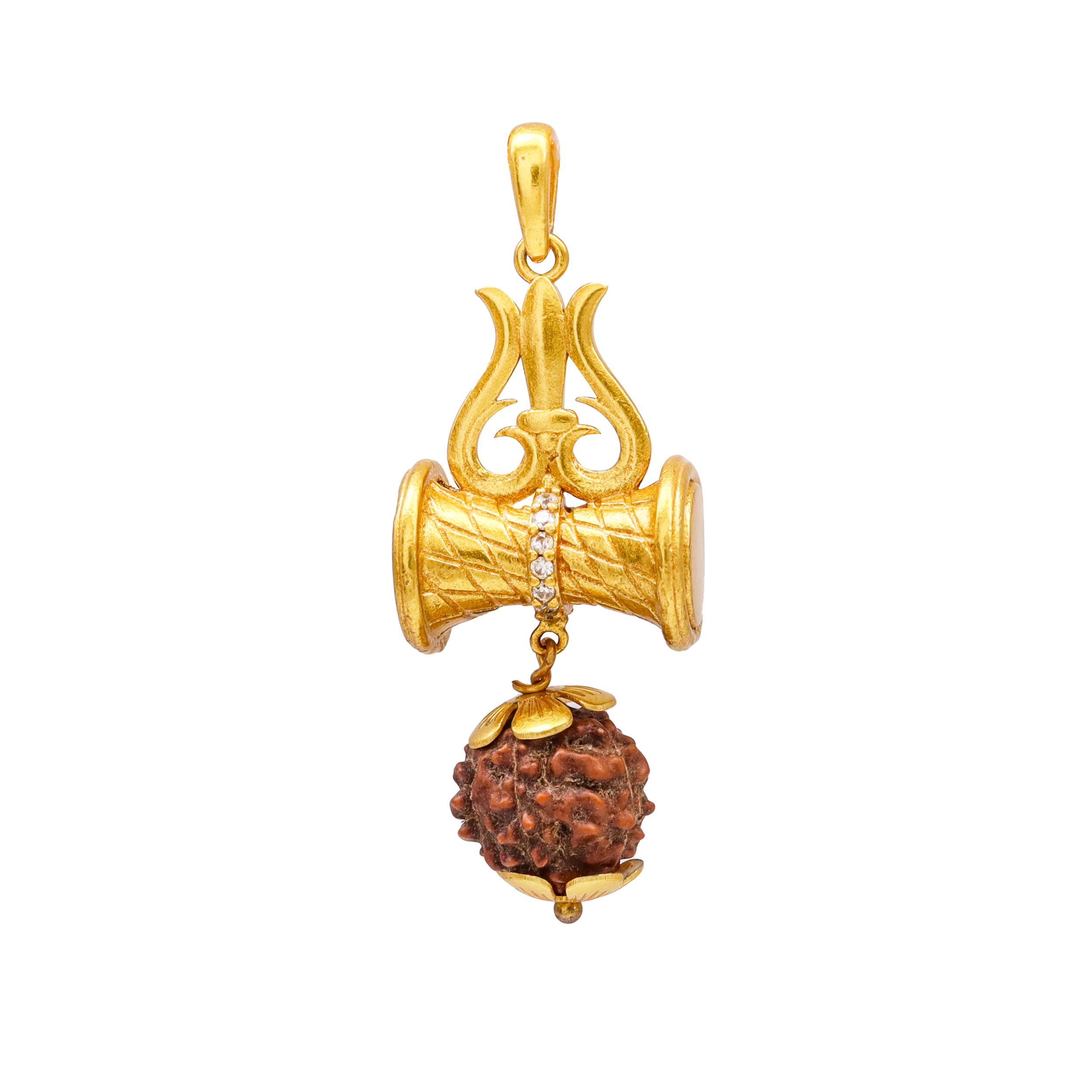 Pure Gold Plated Mahadev Damaru Trishul Locket With Embedded White Stones And Rudraksha