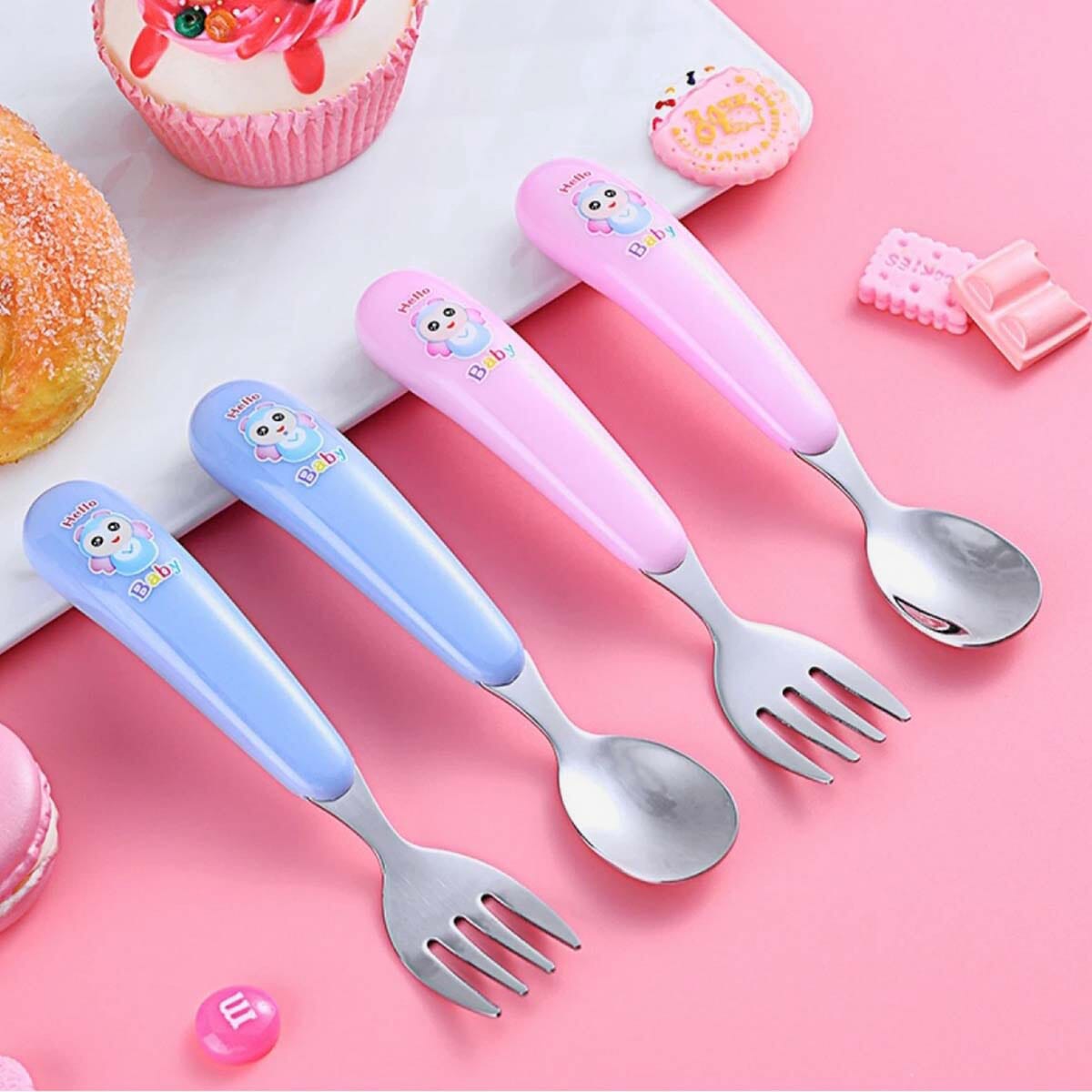 2 Pcs Mumlove Baby Bended Colorful Spoon and Fork Set