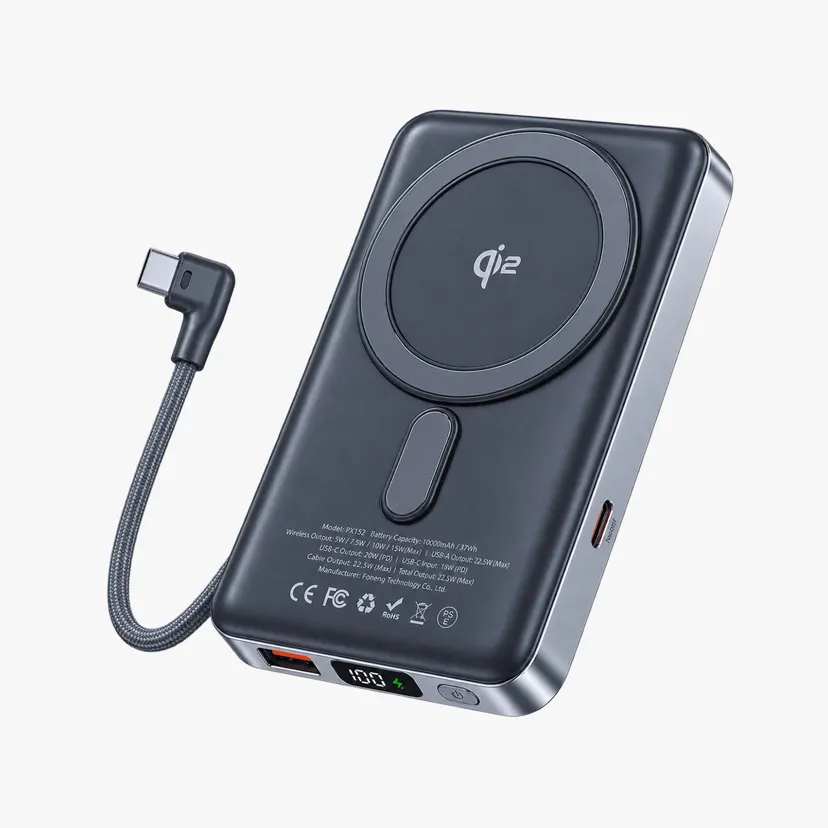 FONENG PX152 10000mAh 35W Magnetic Wireless Power Bank with Built-In Type C Cable