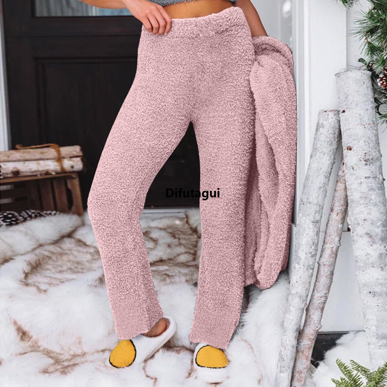 Difutagui Womens Casual Sweatpants Elastic High Waist Solid Color Hot Selling Fleece Thermal Full Length Winter Lounge Pants
