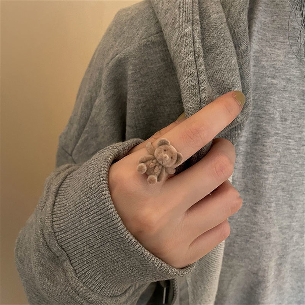 Cartoon bear Flocking bear ring Delicate  Index finger Open ring Korean style ring Niche design Sweet Adjustable ring for Fashion accessories Daily wear jewelry Gift for bear lovers Cute