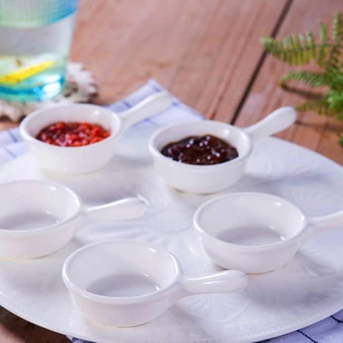 1 Piece White Ceramic Sauce Dishes Mini Ramekins with Handle Grip Porcelain Dipping Bowls Soy Sauce Dishes Appetizer Spoons