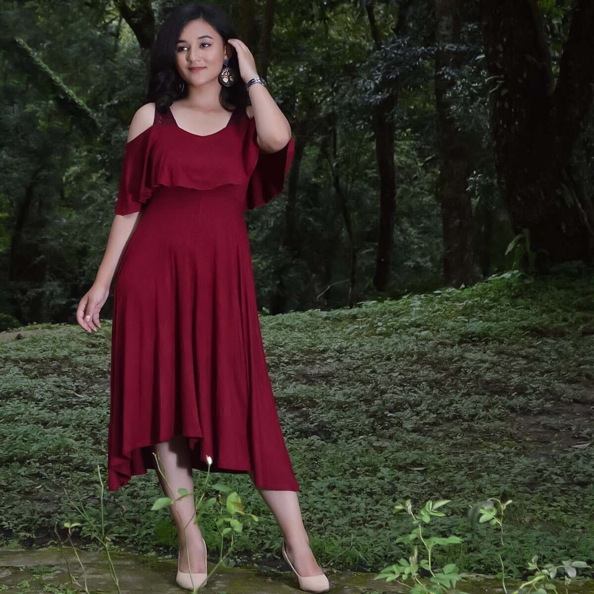 Creative Touch Maroon Cotton Blend Off Shoulder Dress for Women Stylish Casual Comfortable Fashion Wear