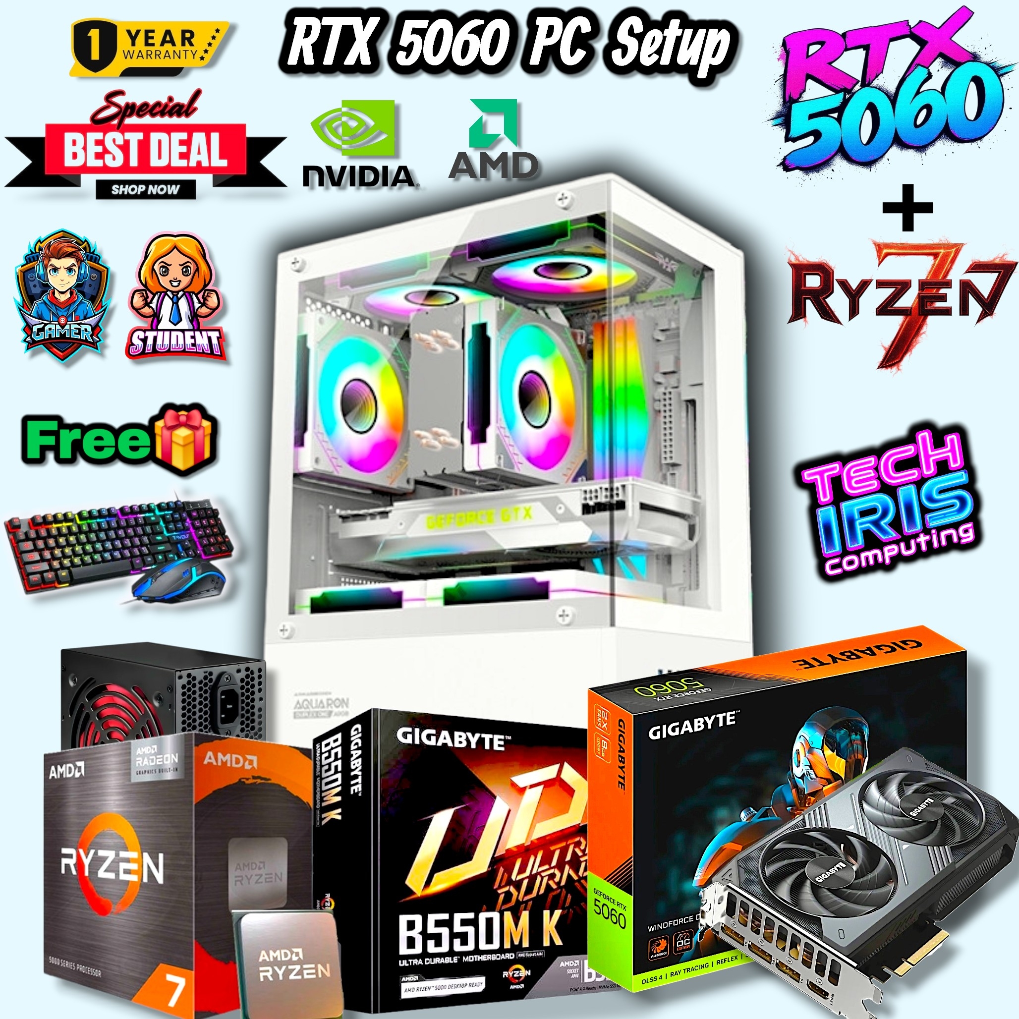 RTX 3060 12GB Graphics Powered PC Setup With B550M/B450M Board, 8/16GB DDR4 RAM, 650WATT Bronze PSU Gaming Editing Computer Desktop.