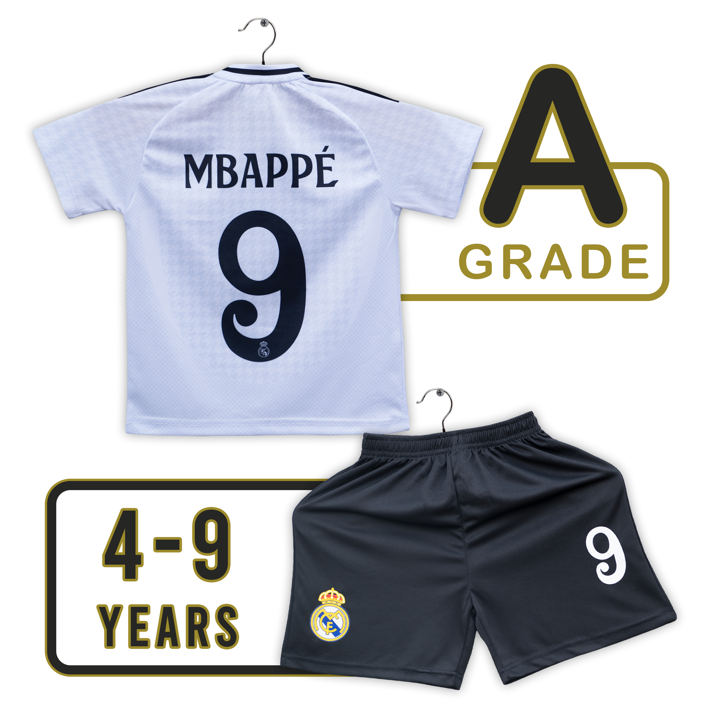 Mbappe 9 Printed Real Madrid Home Jersey Set For Kids | Football Kids Jersey Set(4 - 9 years)