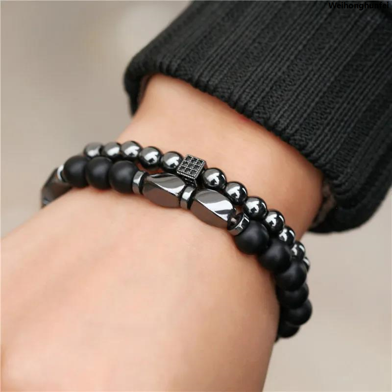 WeihonghunfeiFifty percent discount 2Pcs/Set Natural Stone Bracelet For Men Luxury Zirconia Wrap Braclet Irregular Healing Hematite Braslet Father Day Gift Pulseria