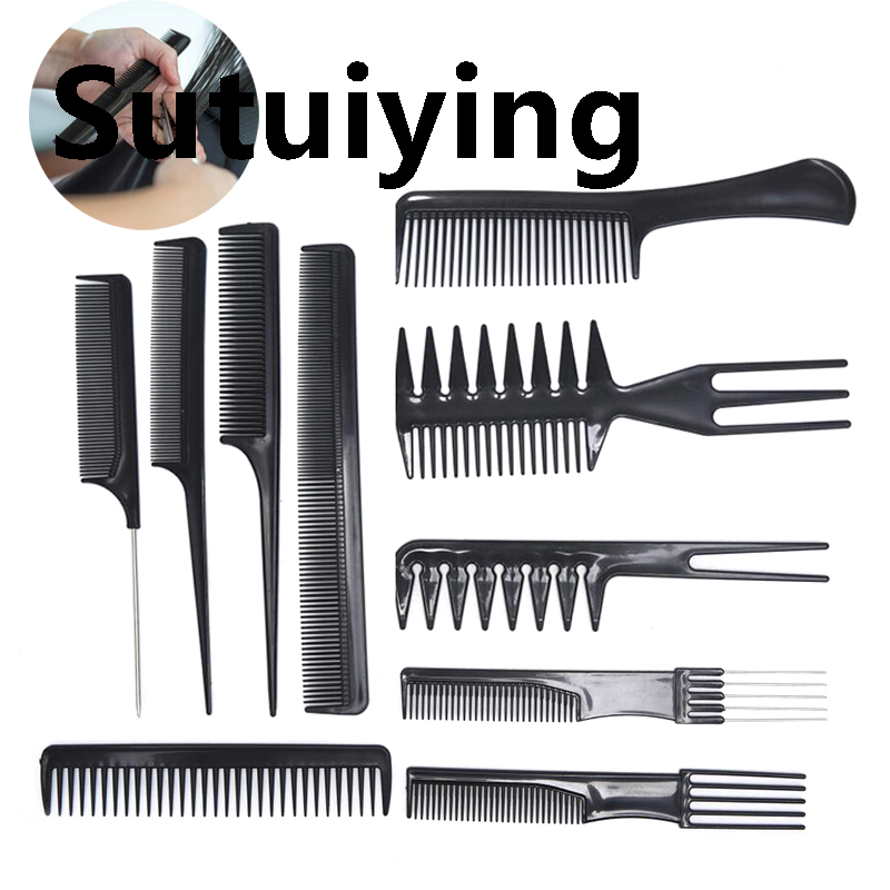 Sutuiying 10Pcs Hair Styling Black Comb Set Professional Salon High Quality Anti-Static Barbers Combs For Men Women Stylists