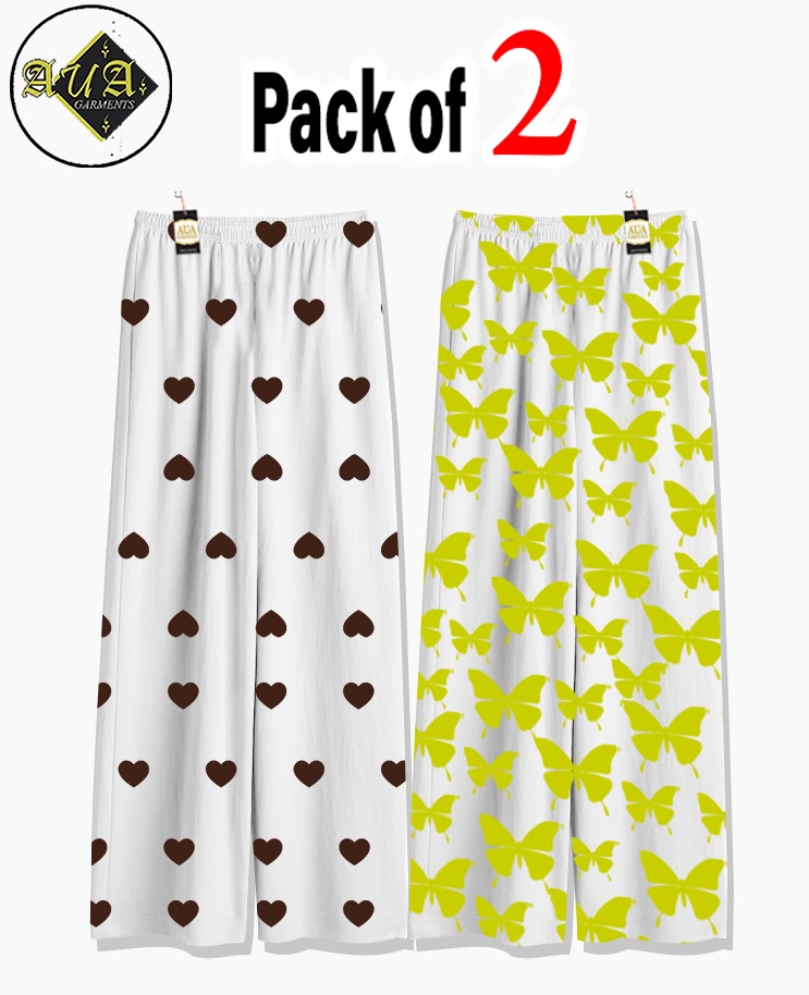 Pack of 2 Women's Nightwear Pajama Set - Brown Heart Green Butterfly Print