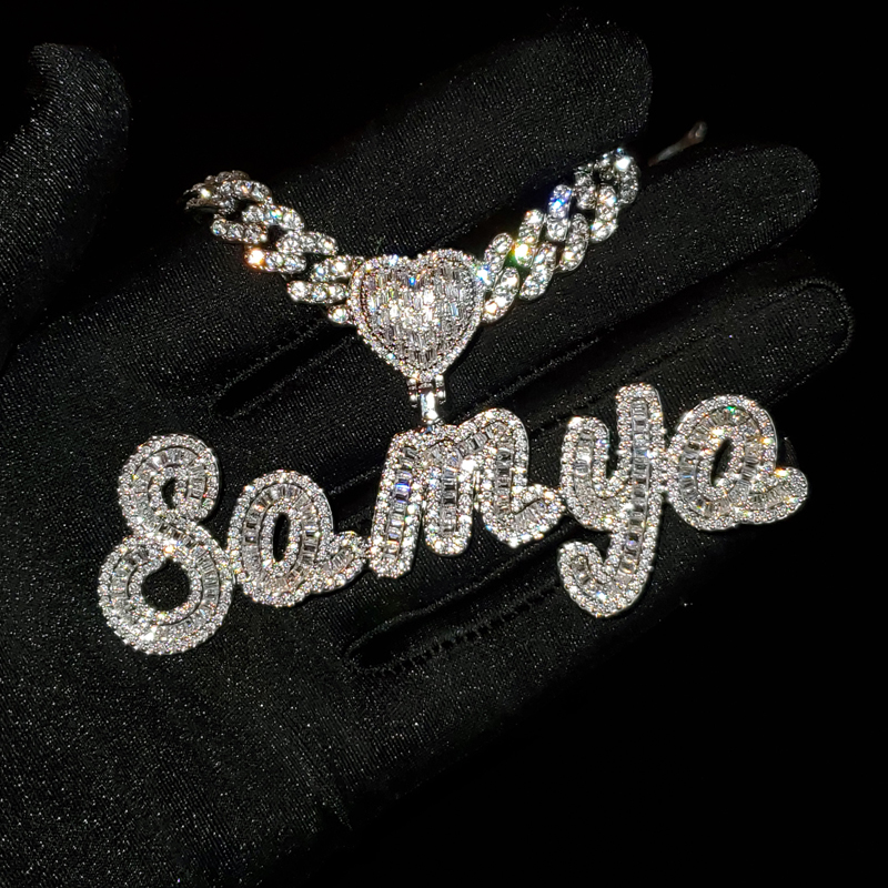 Wenefang Grandbling Custom Name Necklace with Heart Rhinestone Cuban Chain Word Necklace Iced Out CZ Personalized Hiphop Jewelry