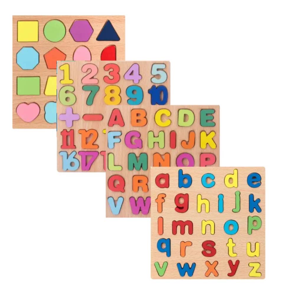 Combo 4 Sets Wooden Multicolor 3D Puzzle Capital, Small Alphabets, Numbers and Shapes Board Preschool Montessori Early Education Puzzle For Kids