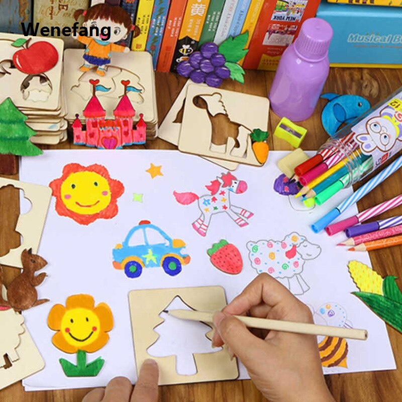 Wenefang Hot Montessori Kids Wooden Drawing Stencils Kit Drawing Board Toys Coloring Puzzle Arts Crafts Set Educational Toys for Kids