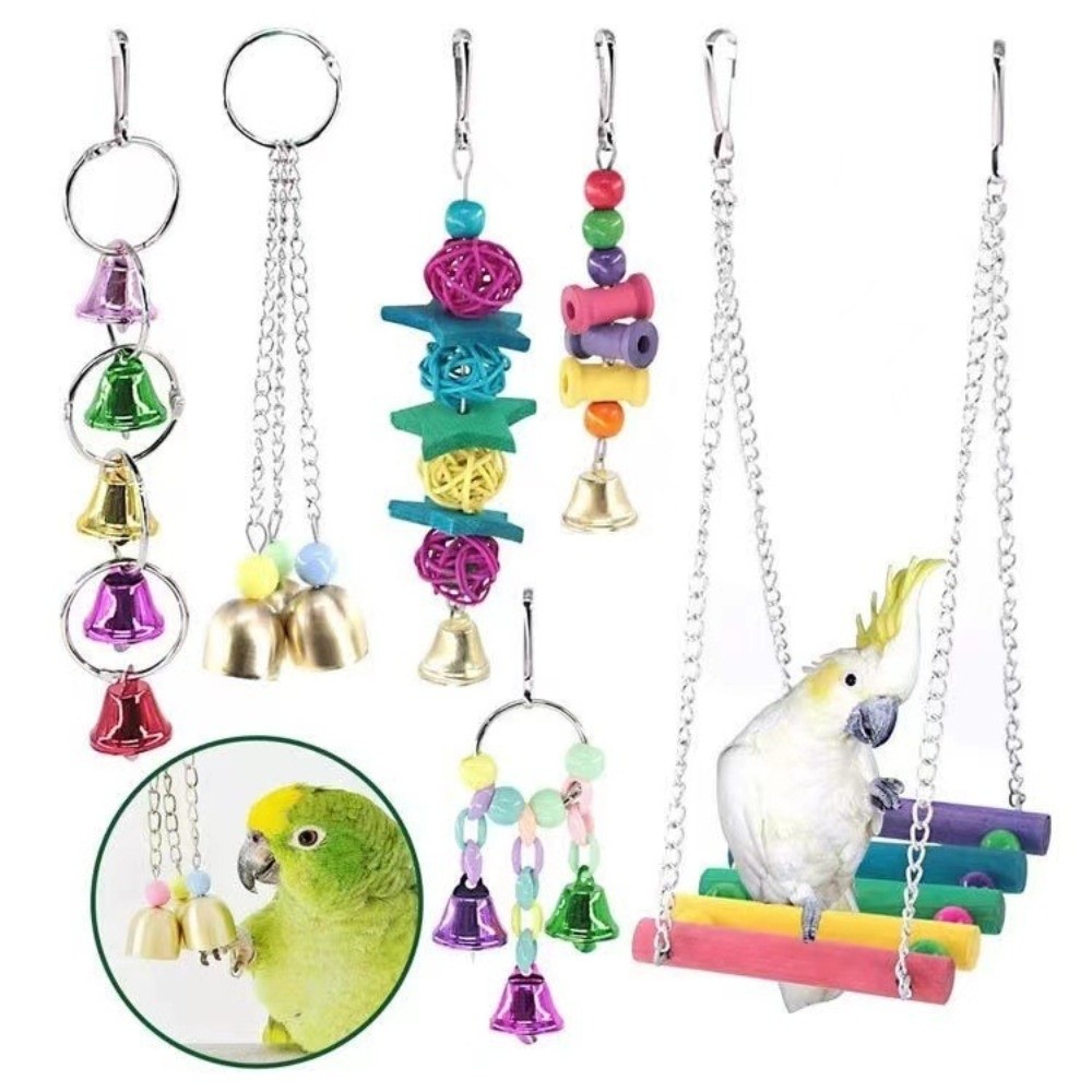 A Set High Quality Colorful Cockatiel Toys Wooden Interactive Bird Cage Accessories Durable Bird Toy Set Training