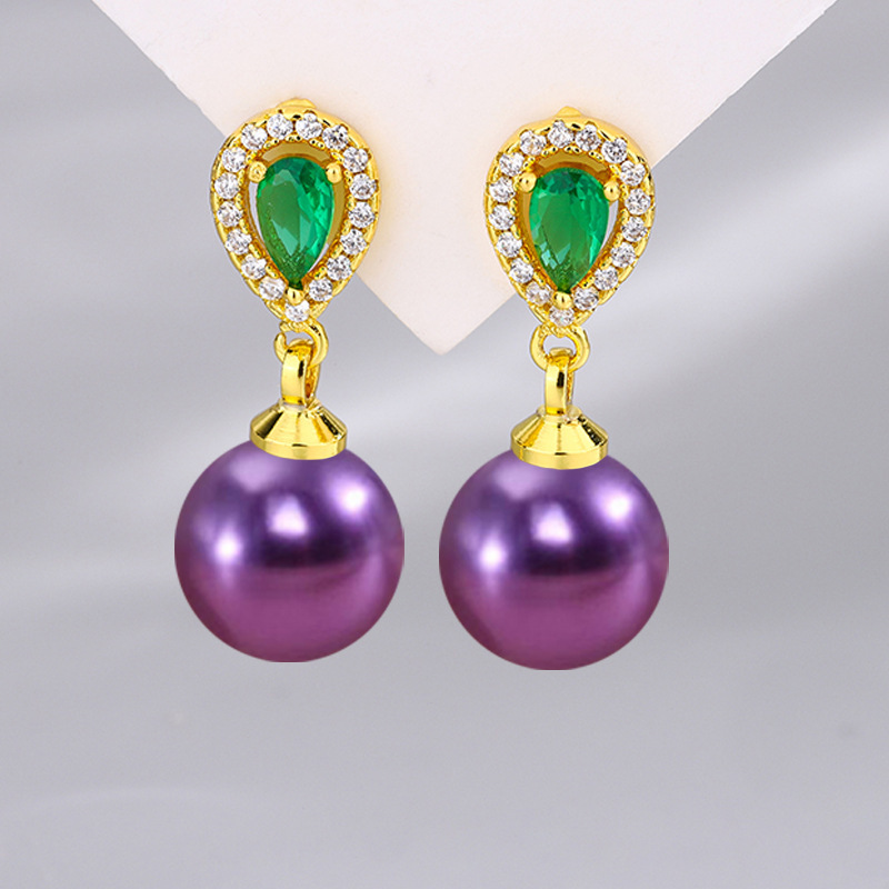 【Factory】Demon purple shell bead pink gold red and black imitation pearl stud earrings women's green jade zircon rose gold earrings
