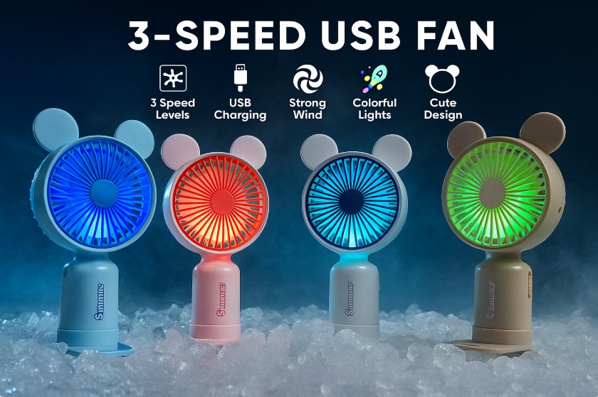 Cute Mini Summer Portable Fan USB Rechargeable with 3 Gear and Colorful Light