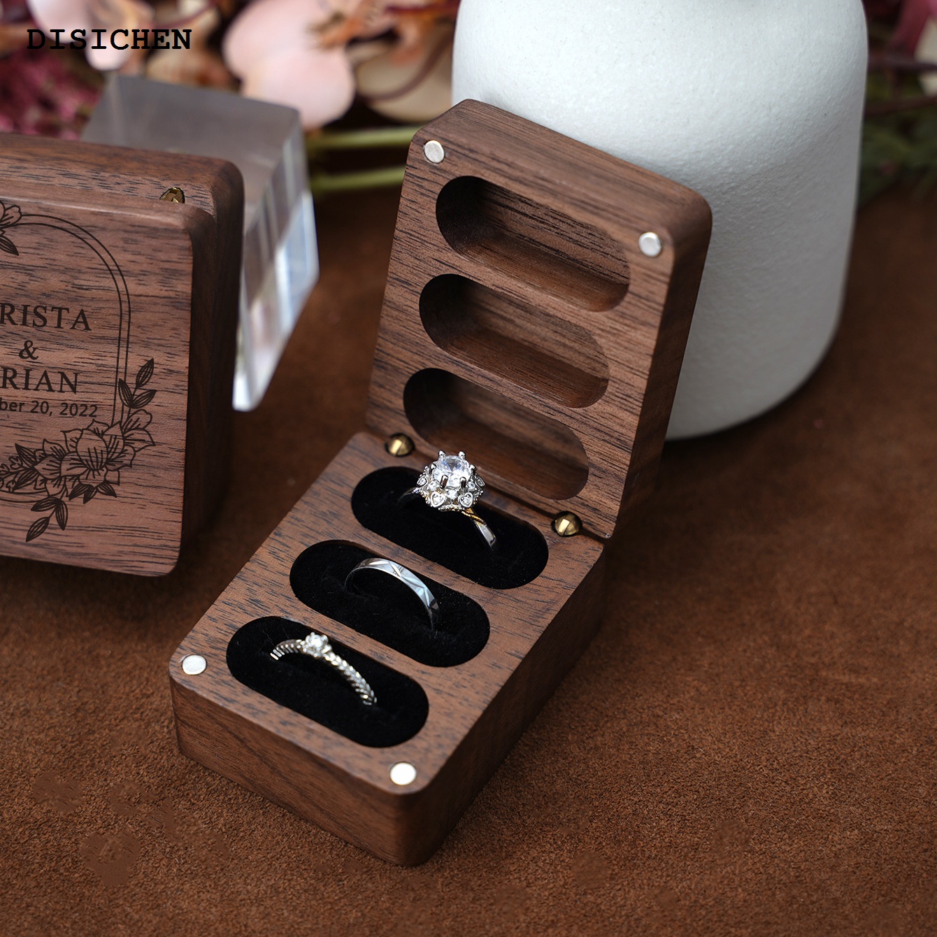 DISICHEN Portable Jewellery storage Black walnut wedding ring jewelry box high-end small exquisite storage box necklace stud box exchange gift three slots