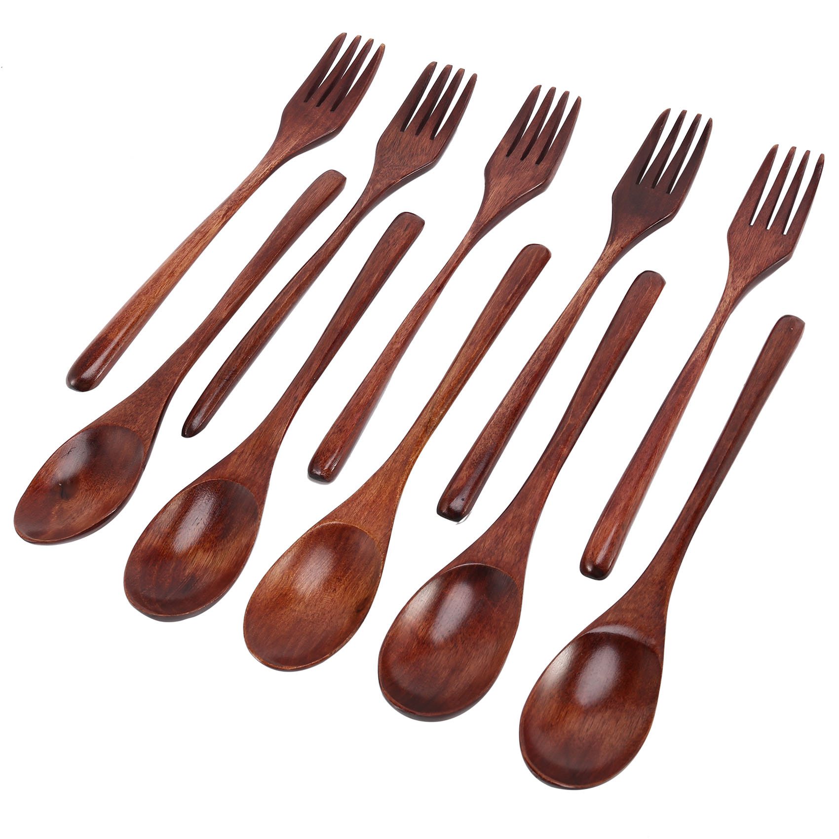 NAMUNY 10 Pcs Wooden Spoons Forks Set Wooden Utensil Set Reusable Natural Wood Flatware Set for Cooking Stirring Eating