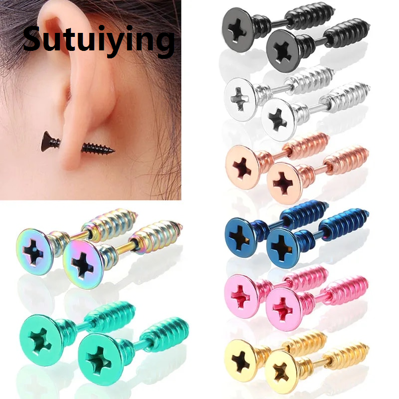 Sutuiying 1Pair Punk Fashion Gold Black Colorful Stainless Steel Nail Screw Stud Earring for Women Men Helix Ear Body Piercing Jewelry