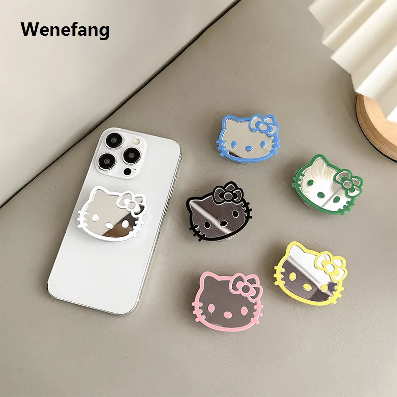 Wenefang Sanrio Hello Kitty Mirror Cell Phone Airbag Bracket Cute Cartoon Fashion Kitty Cat Telescopic Portable Phone Back Sticker Accessories