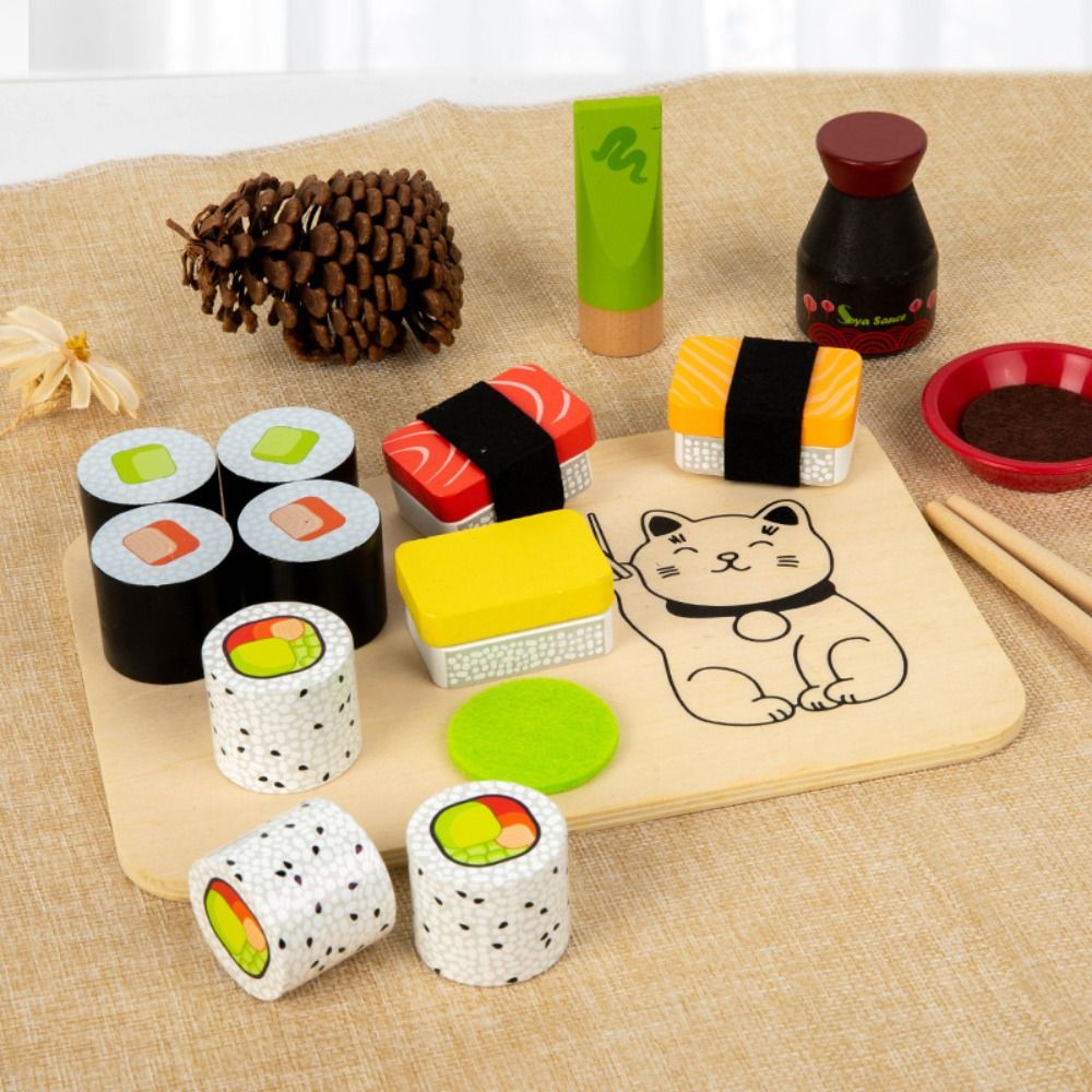 Japanese Style Sturdy Wooden Simulation Sushi Toy Funny Design Simulation Japanese Style Food Set Interactive Educational Wooden Food Set Pretend Play