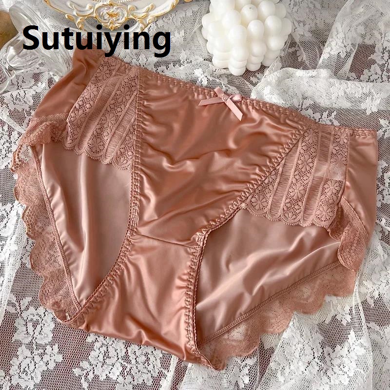 Sutuiying 2023 New Underwear for Women Satin Traceless Ice Silk Panties for Lady Breathable Pure Desire Panties Large Mid Waist M-XXL