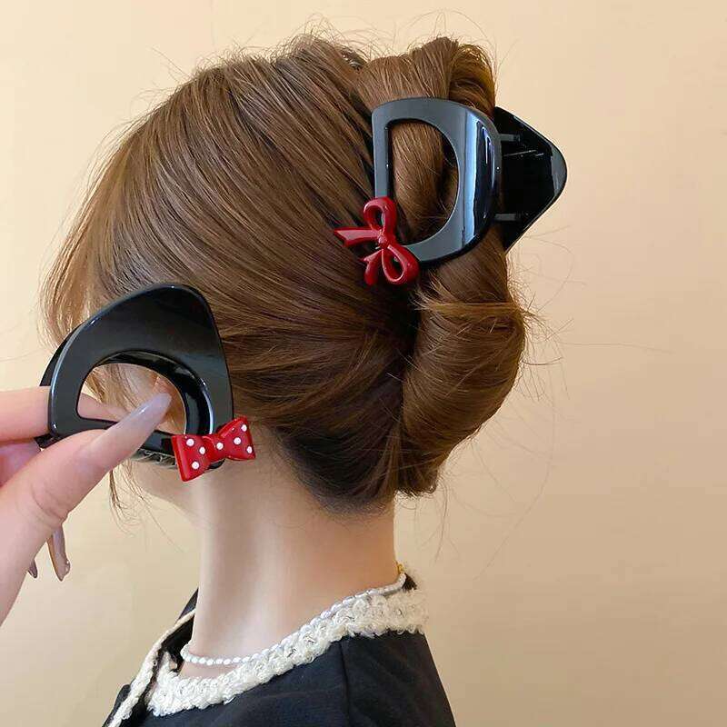 Black Red Color Half Round Spotted Bowknot Small Size Hollowed Hair Claws for Women Sweet Cute Versatile Head Girls Shark Clips