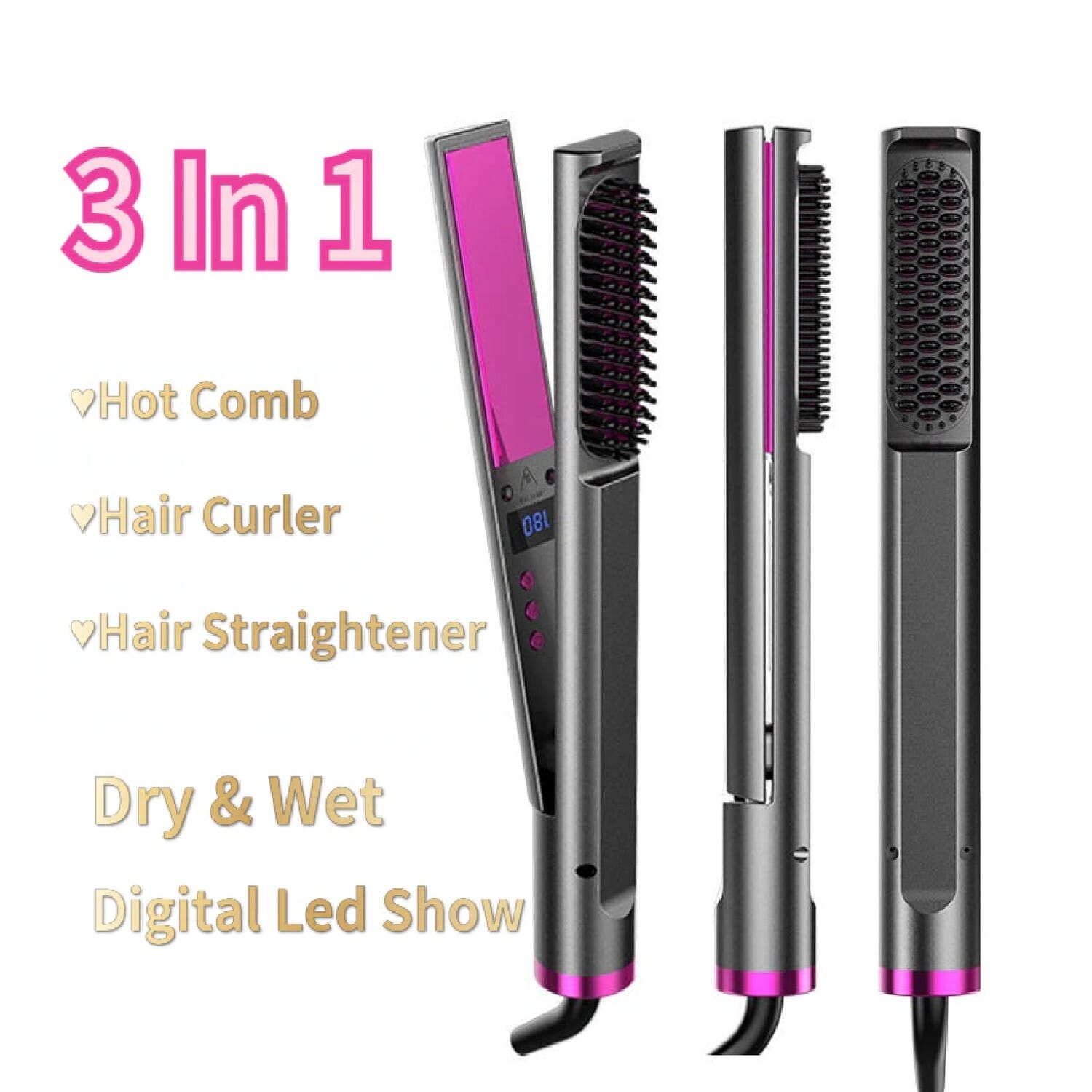 3 In 1 Hot Comb Multifunctional Hair Straightener Iron Anti-Scald Hair Straightening Brush Heat Comb Fast Heating Hair Curler