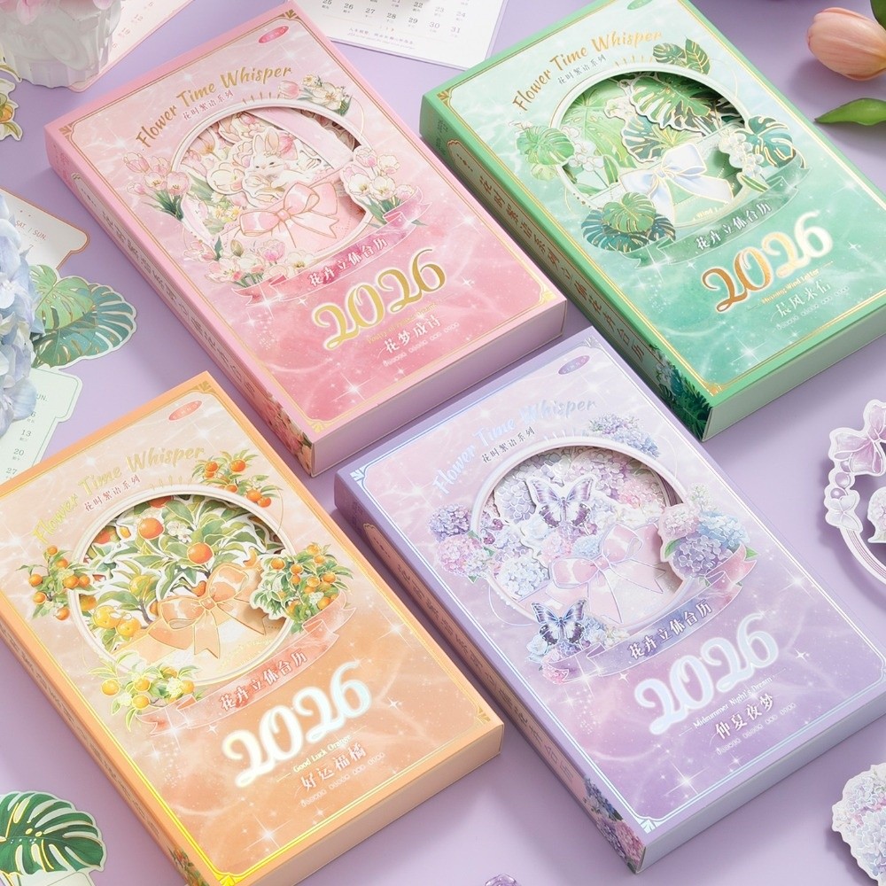 Cute Coil Binding Bloomy Flower Wooden Desk Calendar Cartoon Portable Desktop Calendar Monthly Planner 2026 Desk Calendar Desktop Decoration
