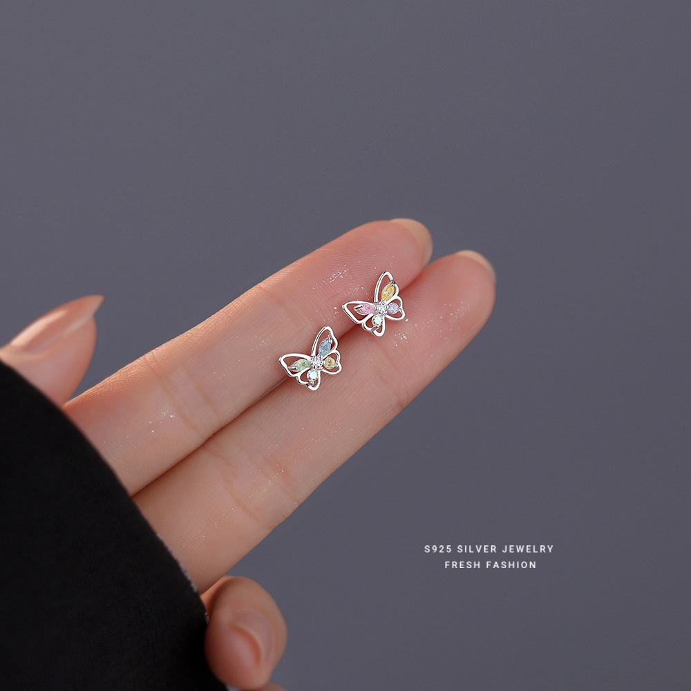 925 sterling silver colored zircon butterfly stud earrings girl sweet ins cute small mini forest earrings wholesale