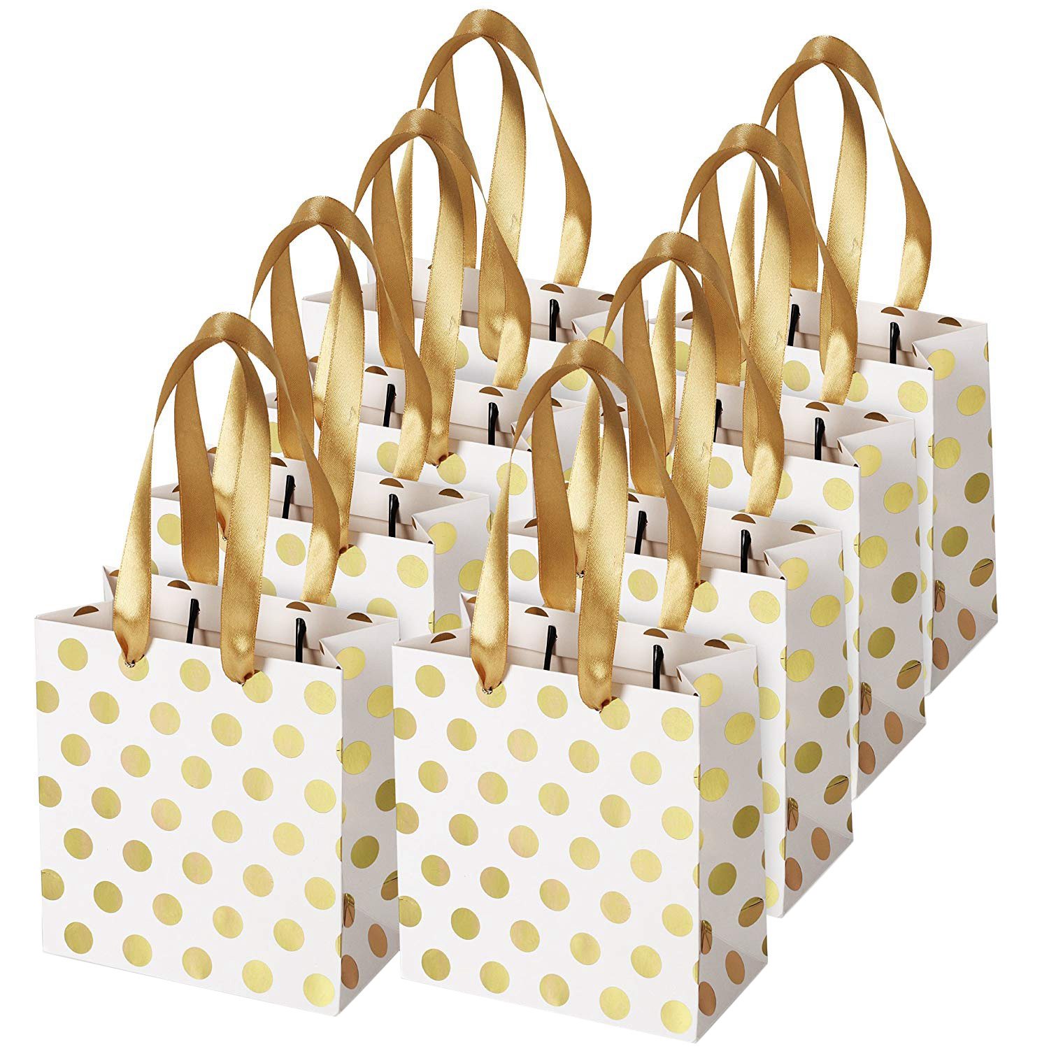 NAMUNY with Ribbon Handles Gold Mini Gift Bag,for Birthday Weddings Christmas Holidays Graduation Baby Showers(Metallic Dots 8 Pack Bulk)