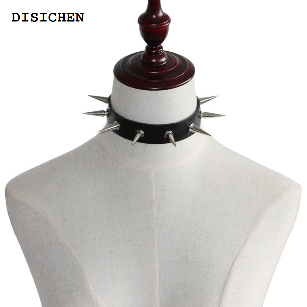 DISICHEN Portable 2024 New Women Fashion Alloy Rivet Spike Faux Leather Choker Short Necklace Punk Jewelry