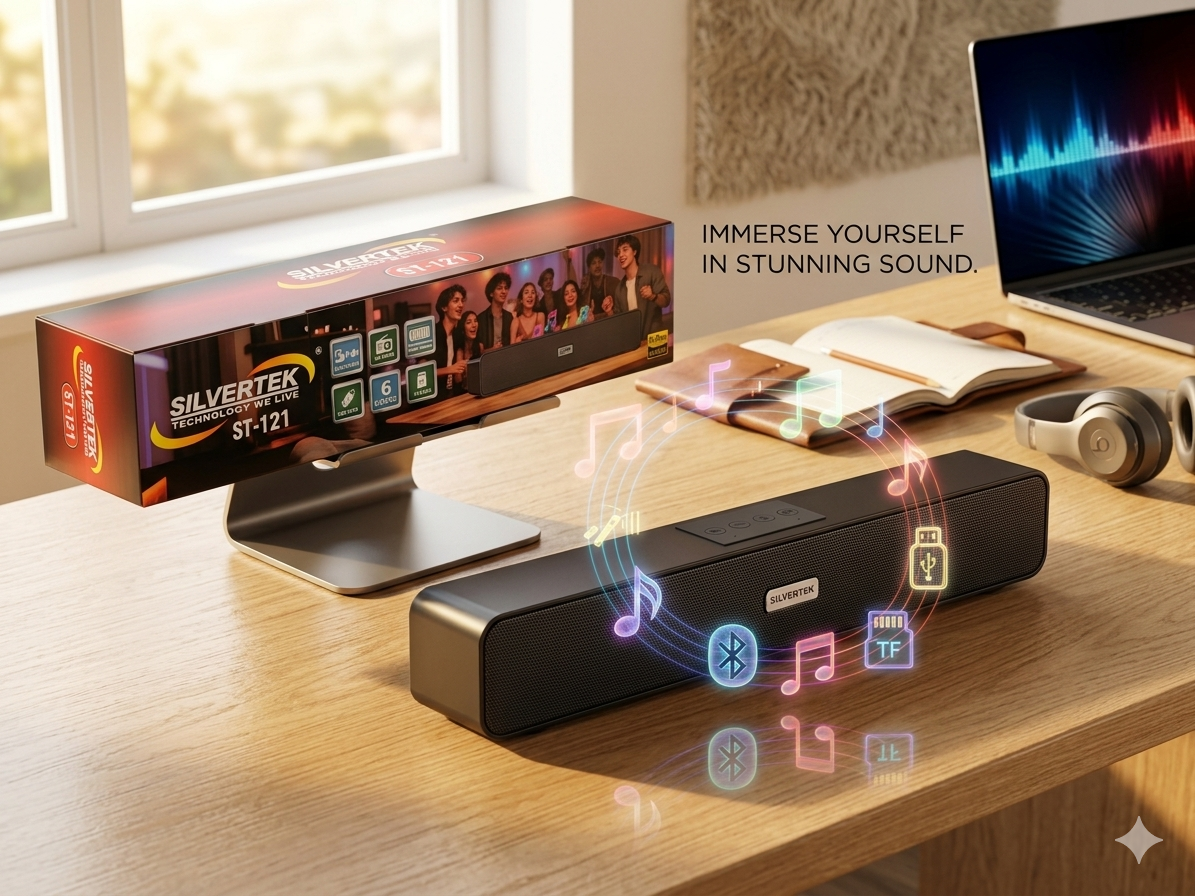 Silvertek Audio Boom Wireless Speaker | ST_121 | 5 Watt | 1500MAH | Heavy Duty with more than 6 hours backup | Extra Bass Bluetooth Soundbar for Home Theater & Disco Sound - Hi-Res Audio, Long-Lasting Battery, USB/TF Card Support