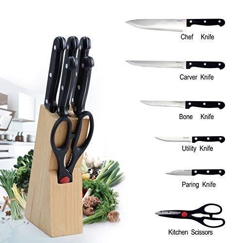 Stainless Steel Knife Set With Wooden Block Stand & Scissor For Kitchen (7-Pieces) Tools For Chopping & Cutting (Black Handle)
