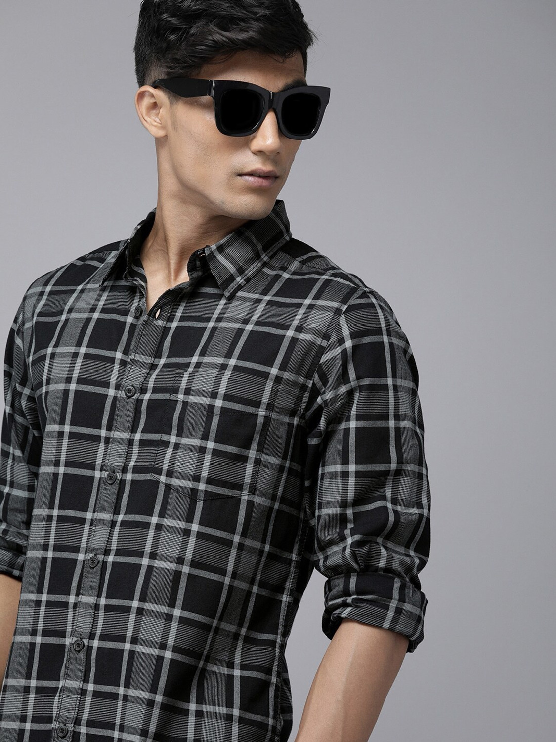 Fabdale Men’s Pure Cotton Black & Grey Checkered Casual Shirt | Classic Comfort & Urban Edge (ROAD-017)