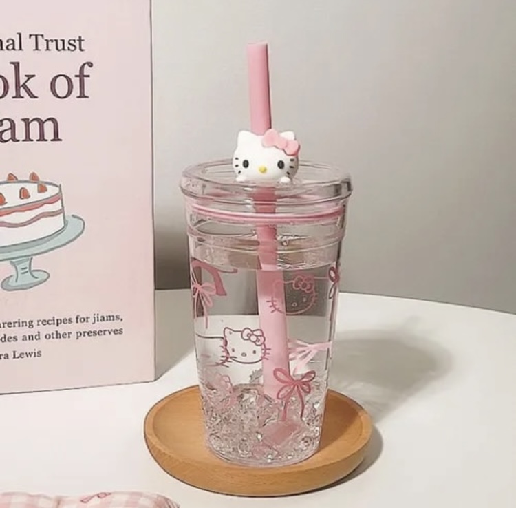 Masala Beads New Cute 450ml Hello Kitty Straw Water Cup Transparent Design With Pink Bow Portable Kawai Coffee Cups Tumbler Plastic Drinkware Double Wall PC Tea Mug Thermal Insulation 12-14Hours Mugs For Kids Women's Gifts