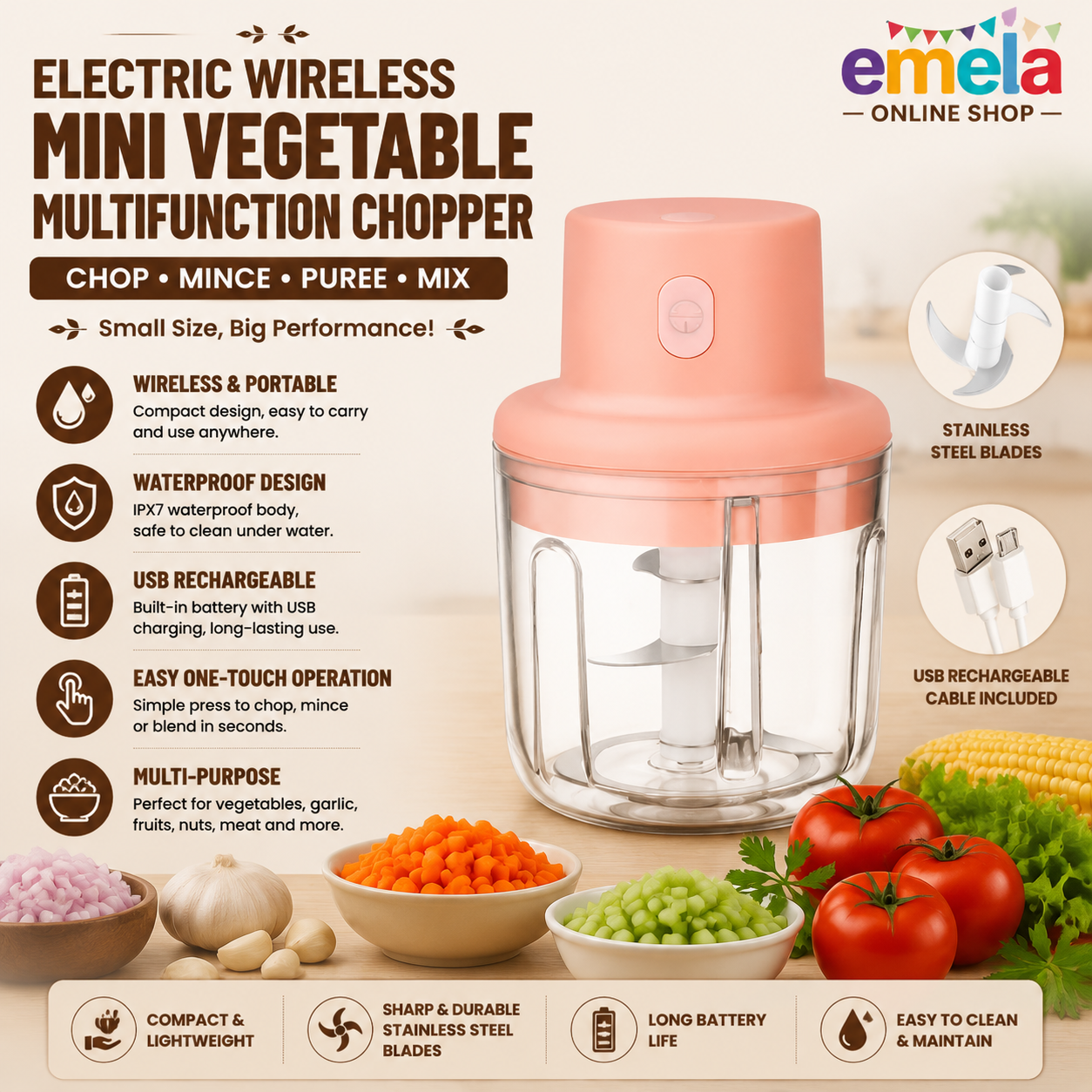 Electric Wireless Portable Waterproof USB Charging Port Rechargeable Mini Vegetable Multifunction Chopper