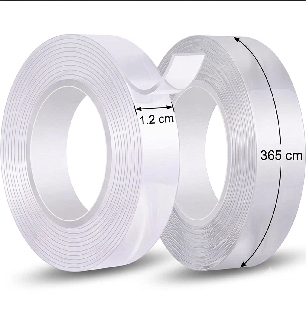 Strong Double Sided Tape: Heavy Duty Nano Adhesive | Clear Tape for Crafts, Walls, Carpets | Removable | 1.2 cm width | 365 cm Long