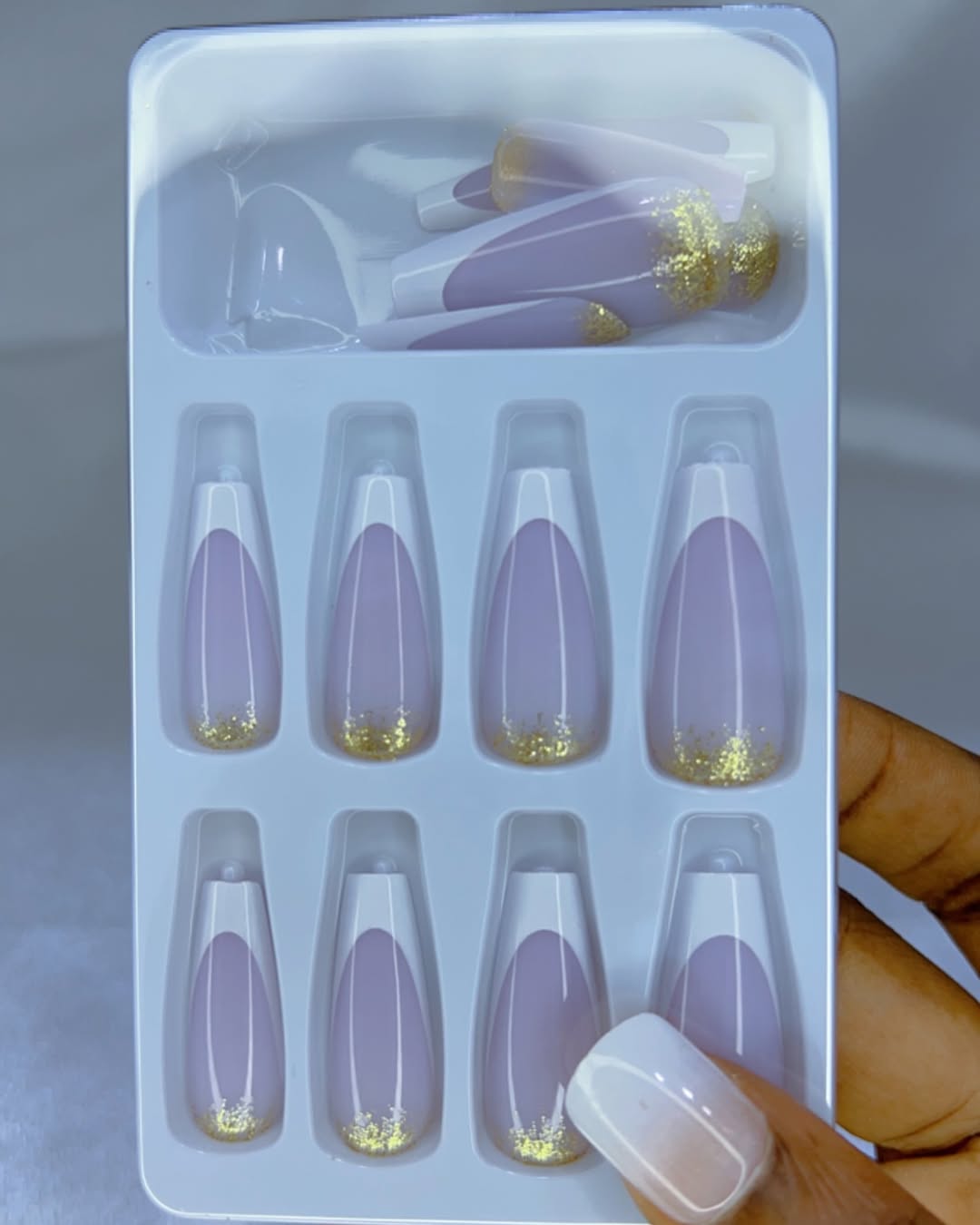 24pcs Simple White French & Glitter Gold Dust Press-On Nails Mid-Length Ballerina Shape | Jelly Glue & File Included European & American INS Style - Elegant Meets Glam