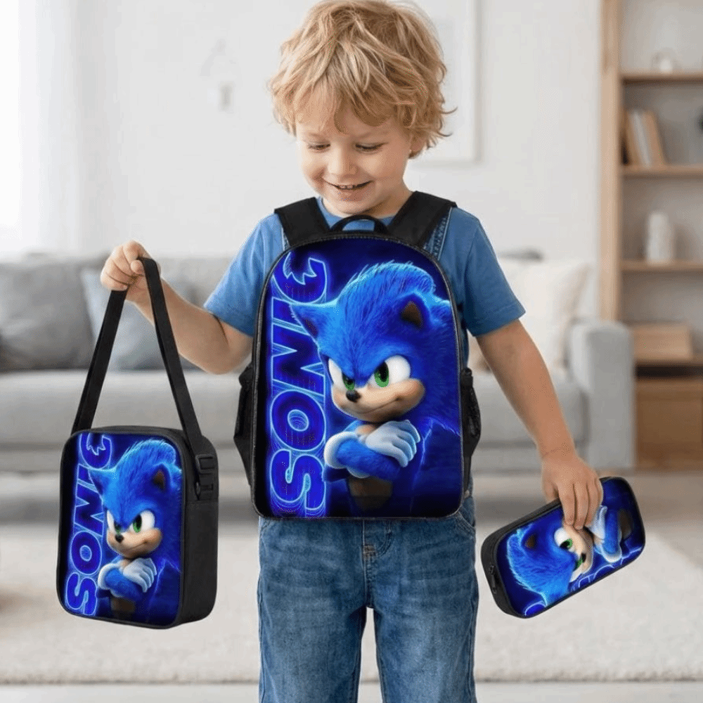 3Pcs set New Cartoon Sonic School Bookbag Set Anime Oxford Cloth Backpack/Crossbody Bag/Pen Case Set Waterproof Large Capacity SchoolBag Boy's Gift